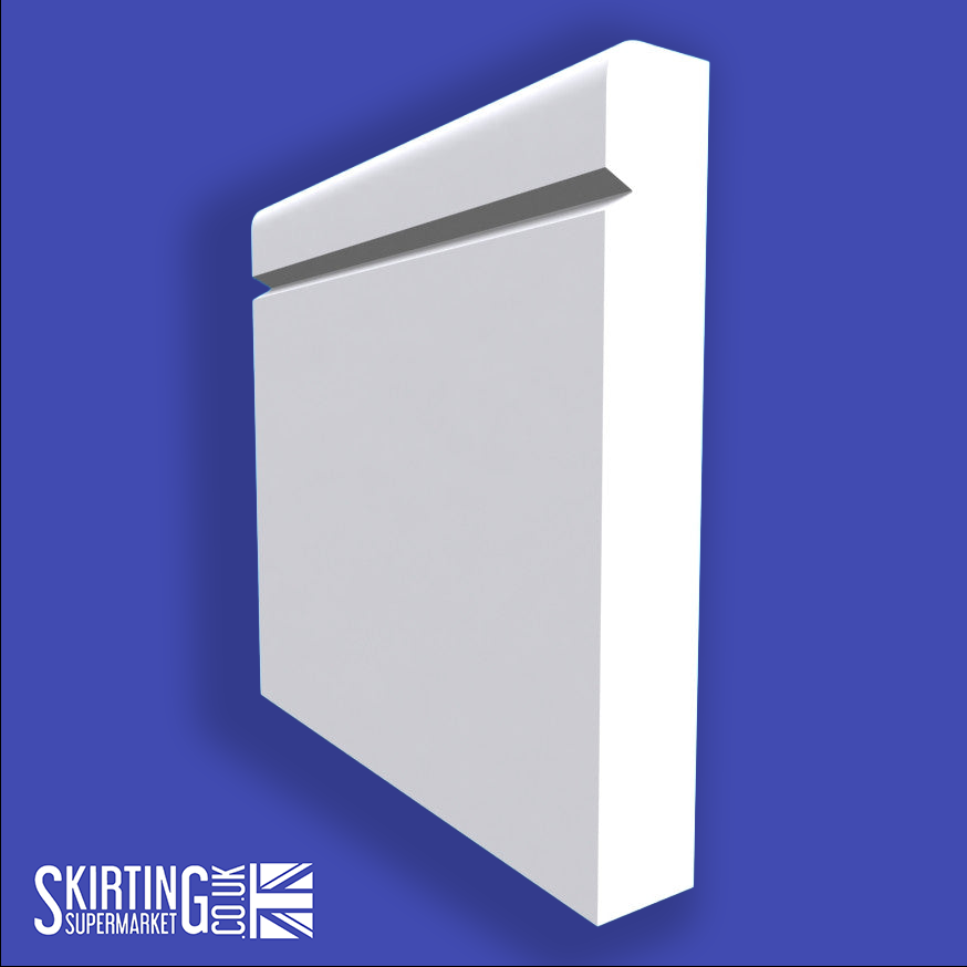 A white Bullnose V Grooved Skirting Board with a rounded bullnose edge and a subtle V-groove, branded with 'Skirting Supermarket'.