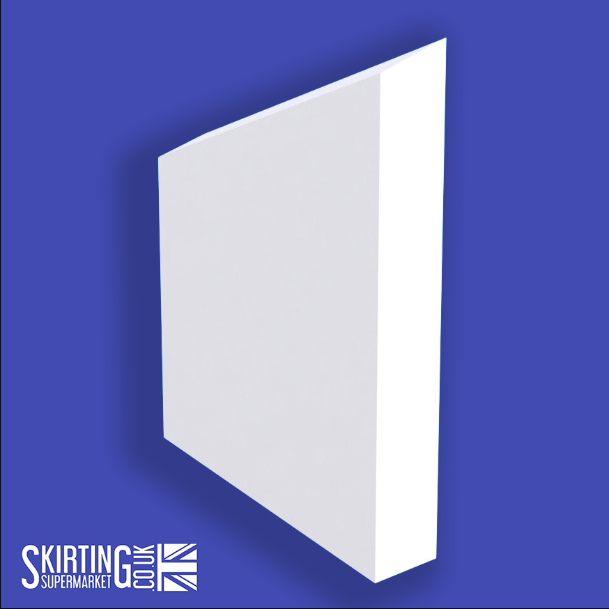 A white splay skirting board with a simple, angled profile against a blue background, with the Skirting Supermarket logo on the bottom left.