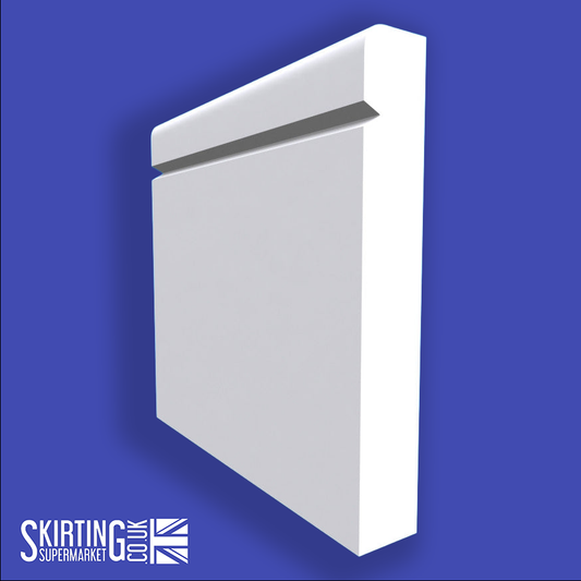 A white Bullnose V Grooved Skirting Board with a rounded bullnose edge and a subtle V-groove, branded with 'Skirting Supermarket'.