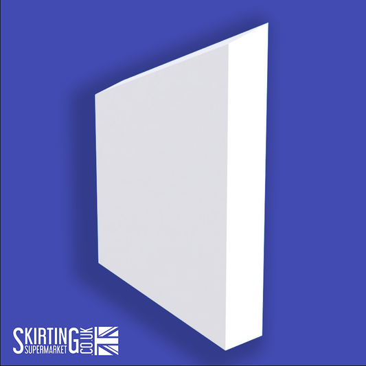 A white splay skirting board with a simple, angled profile against a blue background, with the Skirting Supermarket logo on the bottom left.