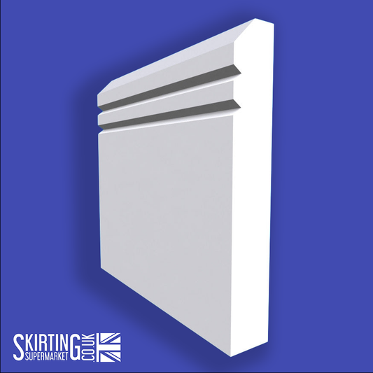 A white, V grooved skirting board with a chamfered edge, branded by Skirting Supermarket.
