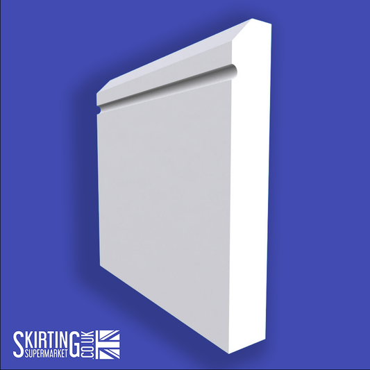A white, grooved skirting board with a 45-degree chamfered edge, branded by Skirting Supermarket.