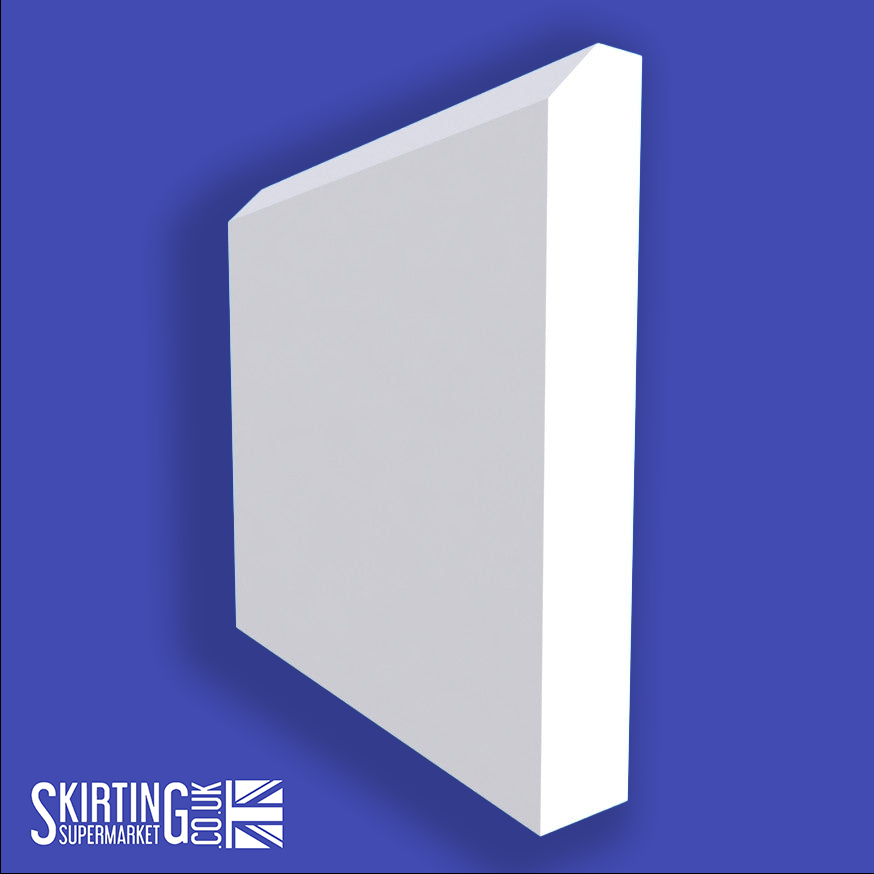 A white skirting board with a 45-degree chamfered edge on a blue background, with the Skirting Supermarket logo at the bottom.