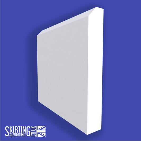 A white skirting board with a 45-degree chamfered edge on a blue background, with the Skirting Supermarket logo at the bottom.