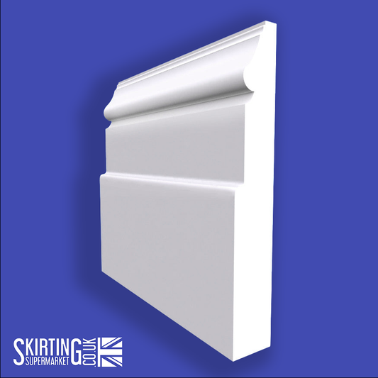 An upright Victorian skirting board with a detailed design, primed white, against a blue background, with the Skirting Supermarket logo at the bottom left.