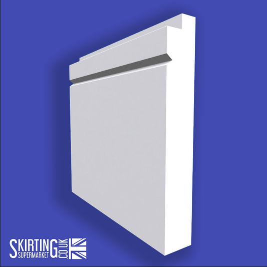 A white single step V grooved skirting board section against a blue background, with the Skirting Supermarket logo at the bottom.