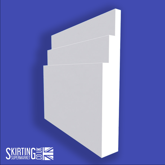 A large stepped skirting board in white color against a blue background, with the Skirting Supermarket logo at the bottom.