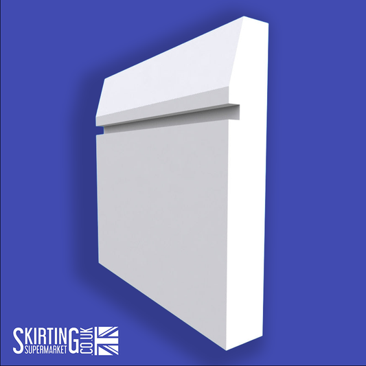 A white chamfered square grooved skirting board against a blue background with the Skirting Supermarket logo.