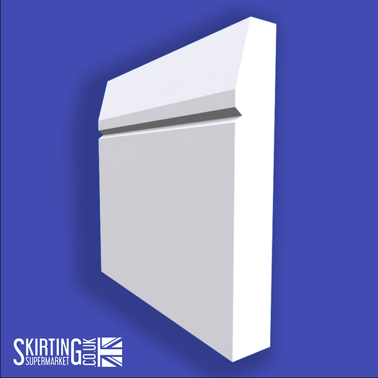 A white chamfered square V grooved skirting board with a visible shadow, against a blue background, with the Skirting Supermarket logo at the bottom.