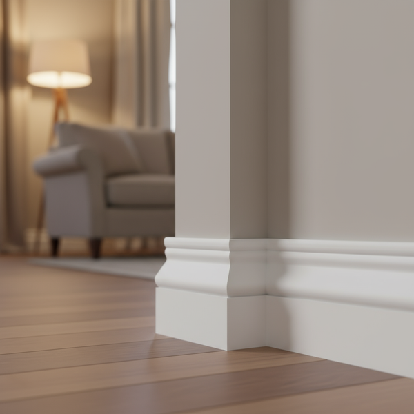 Close-up of Cesar skirting board continuing along corner with living room background