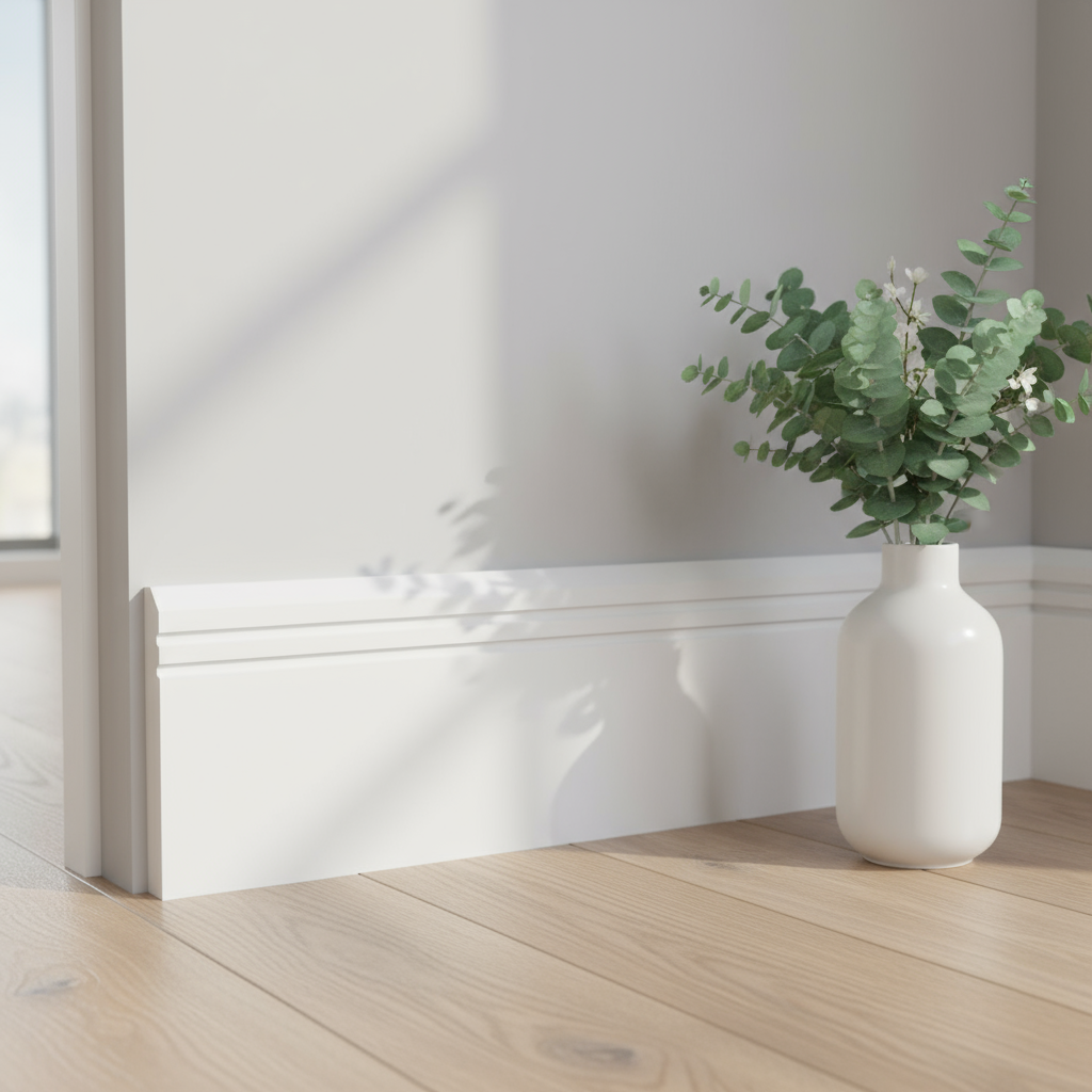 Double bullnose skirting board with vase in interior room