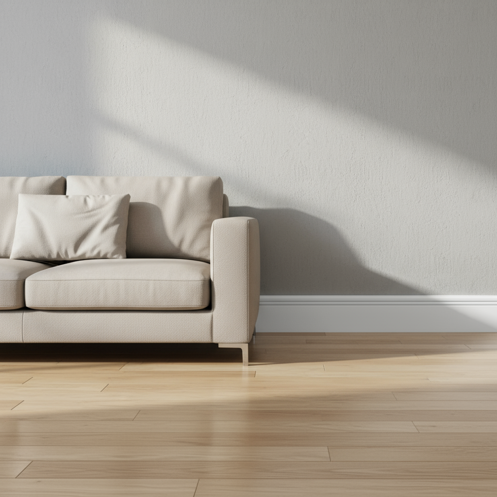 Double groove skirting board with sofa in living room