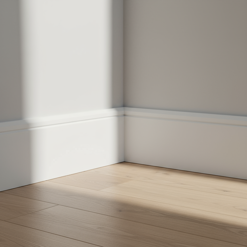 Single groove skirting board at corner installation