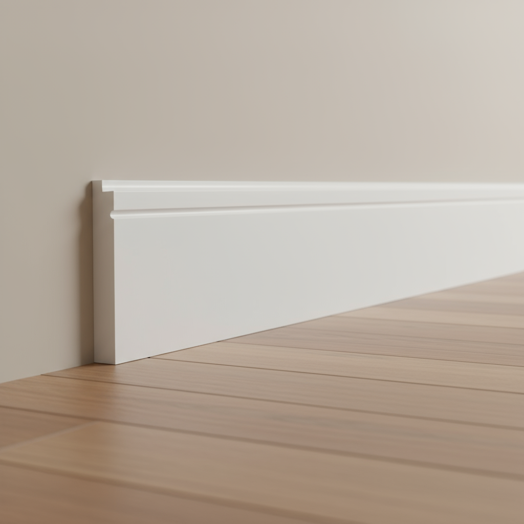 Single rebate and drip skirting board in interior setting