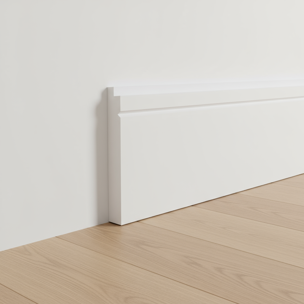 Single rebate and V-groove skirting board on plain wall