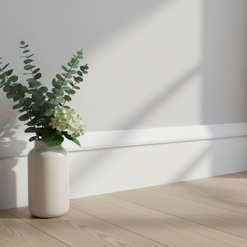 Single splay and square groove skirting board with vase in interior room