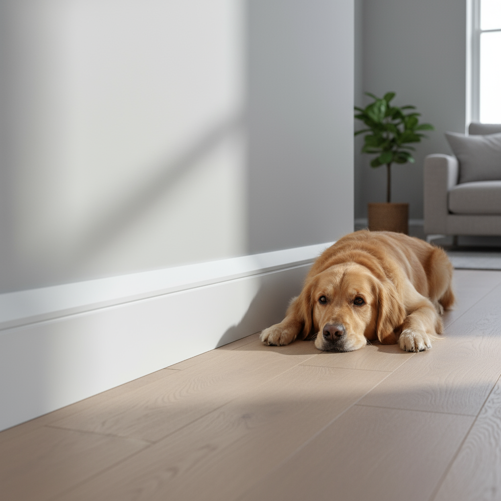 Single splay and V-groove skirting board with dog in interior room